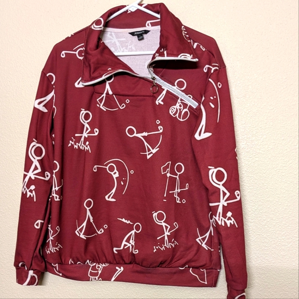 Acegolfs Brick Red Quarter-Zip Pullover with White Stick Figure Print Size Large